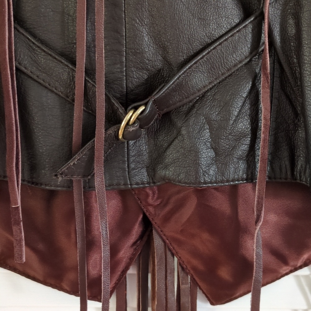 Vintage Mexican Leather Vest w/Fringe & Feather Applique. Sz M. Brown - Picture 8 of 11